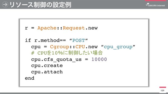 Ϧιʔε੍ޚͷઃఆྫ
r = Apache::Request.new
if r.method== “POST”
cpu = Cgroup::CPU.new “cpu_group”
# CPU 10
cpu.cfs_quota_us = 10000
cpu.create
cpu.attach
end
109
