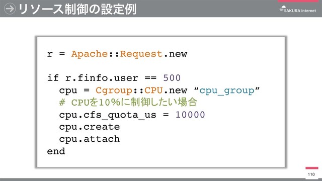 Ϧιʔε੍ޚͷઃఆྫ
r = Apache::Request.new
if r.finfo.user == 500
cpu = Cgroup::CPU.new “cpu_group”
# CPU 10
cpu.cfs_quota_us = 10000
cpu.create
cpu.attach
end
110
