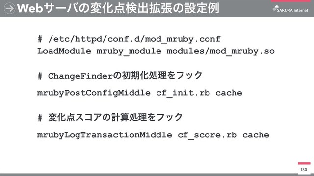 WebαʔόͷมԽ఺ݕग़֦ுͷઃఆྫ
130
# /etc/httpd/conf.d/mod_mruby.conf
LoadModule mruby_module modules/mod_mruby.so
# ChangeFinderͷॳظԽॲཧΛϑοΫ
mrubyPostConfigMiddle cf_init.rb cache
# มԽ఺είΞͷܭࢉॲཧΛϑοΫ
mrubyLogTransactionMiddle cf_score.rb cache
