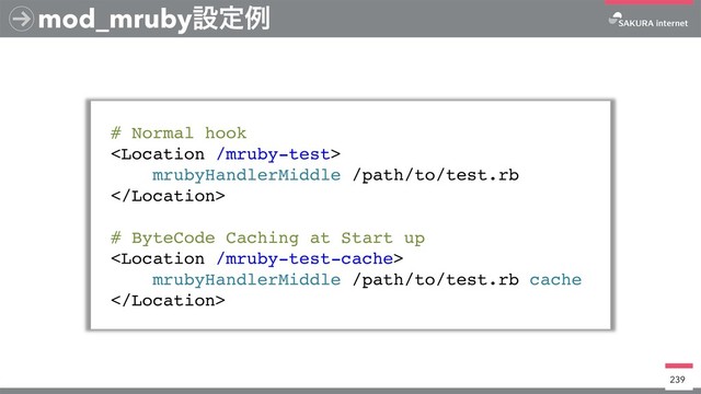 mod_mrubyઃఆྫ
# Normal hook

mrubyHandlerMiddle /path/to/test.rb

# ByteCode Caching at Start up

mrubyHandlerMiddle /path/to/test.rb cache

239

