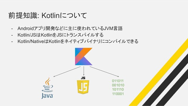 前提知識: Kotlinについて
- Androidアプリ開発などに主に使われているJVM言語
- Kotlin/JSはKotlinをJSにトランスパイルする
- Kotlin/NativeはKotlinをネイティブバイナリにコンパイルできる
011011
001010
101110
110001

