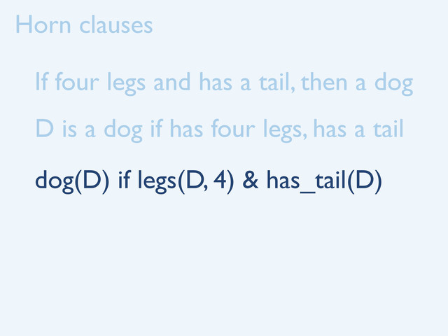 Horn clauses
If four legs and has a tail, then a dog
D is a dog if has four legs, has a tail
dog(D) if legs(D, 4) & has_tail(D)
