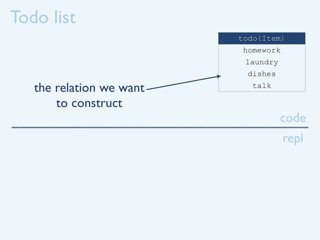 Todo list
code
repl
todo(Item)
homework
laundry
dishes
talk
the relation we want
to construct
