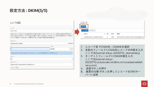 設定方法 : DKIM(3/3)
Copyright © 2022, Oracle and/or its affiliates
19
1. レコード型 でCNAME – CNAMEを選択
2. 名前のフィールドにCNAMEレコードの内容を入力
ここでは[tutorial-tokyo-20220712._domainkey]
3. ターゲットフィールドにCNAME値を入力
ここでは[tutorial-tokyo-
20220712.ocitutorials.ml.dkim.nrt1.oracleemaildeli
very.com]
4. 送信ボタンを押す
5. 変更の公開 ボタンを押してレコードをDNSサー
バーに反映
