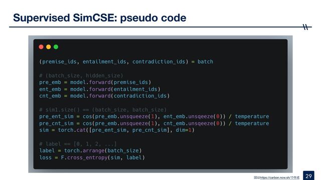 Supervised SimCSE: pseudo code
29
ਤ͸https://carbon.now.sh/Ͱ࡞੒
