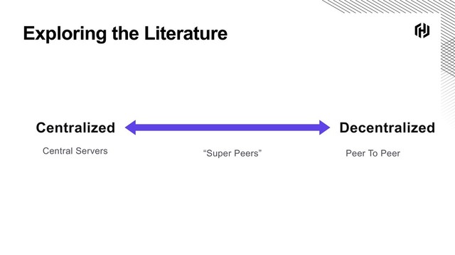 Exploring the Literature
Centralized Decentralized
Central Servers “Super Peers” Peer To Peer
