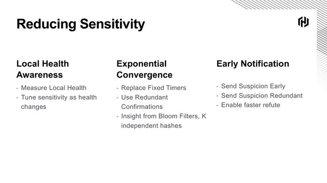 Reducing Sensitivity
Exponential
Convergence
- Replace Fixed Timers
- Use Redundant
Confirmations
- Insight from Bloom Filters, K
independent hashes
Local Health
Awareness
- Measure Local Health
- Tune sensitivity as health
changes
Early Notification
- Send Suspicion Early
- Send Suspicion Redundant
- Enable faster refute

