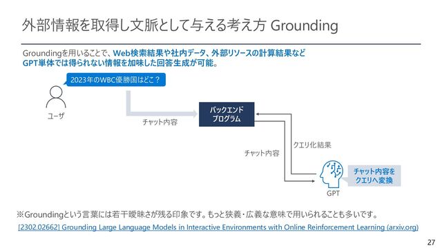 27
外部情報を取得し文脈として与える考え方 Grounding
※Groundingという言葉には若干曖昧さが残る印象です。もっと狭義・広義な意味で用いられることも多いです。
GPT
[2302.02662] Grounding Large Language Models in Interactive Environments with Online Reinforcement Learning (arxiv.org)
2023年のWBC優勝国はどこ？
ユーザ
チャット内容
チャット内容
クエリ化結果
バックエンド
プログラム
チャット内容を
クエリへ変換
Groundingを用いることで、Web検索結果や社内データ、外部リソースの計算結果など
GPT単体では得られない情報を加味した回答生成が可能。
