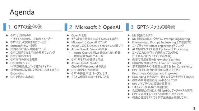 5
Agenda
Microsoft と OpenAI
2 GPTシステムの開発
3
GPTの全体像
1
⚫ GPT とは何なのか
～チャットAIを例にした動作イメージ～
⚫ GPT によって実現されたサービス
⚫ Microsoft のGPT活用
⚫ 国内のGPT導入の関連ニュース
⚫ GPTに期待される用途の簡易マッピング
⚫ GPTに関するFAQ
⚫ GPT単体の弱点を理解
⚫ GPTは嘘をつく？
～不正確性をカバーするアイディア～
⚫ 外部情報を取得し文脈として与える考え方
Grounding
⚫ GPTで描かれる未来
⚫ OpenAI とは
⚫ テキストから画像を生成するDALL·Eのデモ
⚫ Microsoft と OpenAI について
⚫ Azure における OpenAI Service の位置づけ
⚫ Azure OpenAI Serviceの概要
• Azure OpenAI でしか提供されない特長
• 提供可能なAIモデル一覧
⚫ GPT 系モデルの種類と用途
⚫ Azure OpenAI Studio
ChatGPT Playground の良さ
⚫ GPT のパラメータの意味
⚫ GPT の課金単位「トークン」とは
⚫ コストの概算シミュレートをしてみる
⚫ ML 開発の今まで
⚫ ML 開発の新しいパラダイム Prompt Engineering
⚫ Fine tuning と Prompt Engineering との位置づけ
⚫ ユーザサイドのPrompt Engineeringテクニック
⚫ AI が解釈しやすく処理する Prompt Processing
⚫ ユーザの力に依存せず優良なプロンプトに
仕上げるには？(アイディア追加版)
⚫ 例示で精度を高める Few-shot Learning
⚫ 段階的な推論をさせる Chain of Thought
⚫ 思考過程パターンを複数生成する Self Consistency
⚫ GPT 自身に出力の再帰的な修正をさせる
Recursively Criticizes and Improves
⚫ Grounding を考えさせ、動的にタスク実行する ReAct
⚫ GPT の開発補助に用いられるライブラリ
⚫ GPT パイプラインの設計の重要性
⚫ ドキュメント検索の2つの選択肢
⚫ 会話履歴の保持における NoSQL データベースの活用
⚫ GPT を活用するシステムの参考アーキテクチャ
⚫ 従来の言語モデルでも何が出来るか把握しておく
