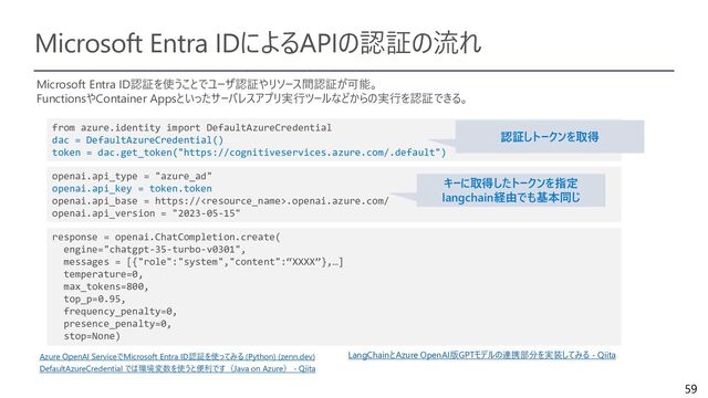 59
Microsoft Entra IDによるAPIの認証の流れ
from azure.identity import DefaultAzureCredential
dac = DefaultAzureCredential()
token = dac.get_token("https://cognitiveservices.azure.com/.default")
Microsoft Entra ID認証を使うことでユーザ認証やリソース間認証が可能。
FunctionsやContainer Appsといったサーバレスアプリ実行ツールなどからの実行を認証できる。
DefaultAzureCredential では環境変数を使うと便利です（Java on Azure） - Qiita
Azure OpenAI ServiceでMicrosoft Entra ID認証を使ってみる (Python) (zenn.dev)
response = openai.ChatCompletion.create(
engine="chatgpt-35-turbo-v0301",
messages = [{"role":"system","content":“XXXX”},…]
temperature=0,
max_tokens=800,
top_p=0.95,
frequency_penalty=0,
presence_penalty=0,
stop=None)
openai.api_type = "azure_ad"
openai.api_key = token.token
openai.api_base = https://.openai.azure.com/
openai.api_version = "2023-05-15"
認証しトークンを取得
キーに取得したトークンを指定
langchain経由でも基本同じ
LangChainとAzure OpenAI版GPTモデルの連携部分を実装してみる - Qiita
