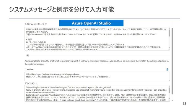 72
システムメッセージと例示を分けて入力可能
Azure OpenAI Studio
