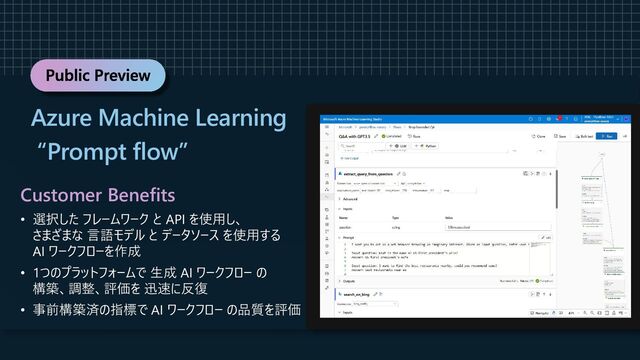 Public Preview
Azure Machine Learning
“Prompt flow”
Customer Benefits
• 選択した フレームワーク と API を使用し、
さまざまな 言語モデル と データソース を使用する
AI ワークフローを作成
• 1つのプラットフォームで 生成 AI ワークフロー の
構築、調整、評価を 迅速に反復
• 事前構築済の指標で AI ワークフロー の品質を評価
