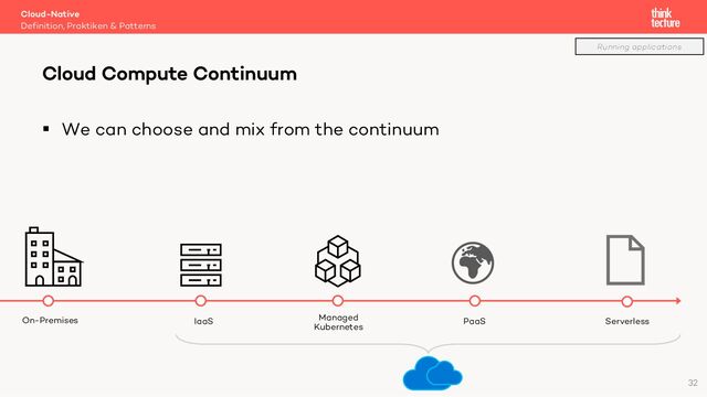 § We can choose and mix from the continuum
Cloud-Native
Definition, Praktiken & Patterns
Cloud Compute Continuum
PaaS
IaaS
On-Premises Serverless
Managed
Kubernetes
Running applications
32

