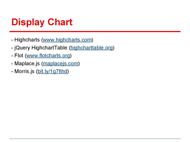 Display Chart
- Highcharts (www.highcharts.com)
- jQuery HighchartTable (highcharttable.org)
- Flot (www.flotcharts.org)
- Maplace.js (maplacejs.com)
- Morris.js (bit.ly/1g7fihd)
