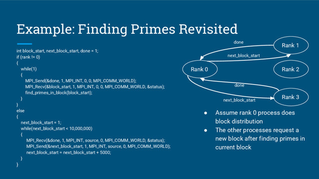Example: Finding Primes Revisited
int block_start, next_block_start, done = 1;
if (rank != 0)
{
while(1)
{
MPI_Send(&done, 1, MPI_INT, 0, 0, MPI_COMM_WORLD);
MPI_Recv(&block_start, 1, MPI_INT, 0, 0, MPI_COMM_WORLD, &status);
find_primes_in_block(block_start);
}
}
else
{
next_block_start = 1;
while(next_block_start < 10,000,000)
{
MPI_Recv(&done, 1, MPI_INT, source, 0, MPI_COMM_WORLD, &status);
MPI_Send(&next_block_start, 1, MPI_INT, source, 0, MPI_COMM_WORLD);
next_block_start = next_block_start + 5000;
}
}
● Assume rank 0 process does
block distribution
● The other processes request a
new block after finding primes in
current block
Rank 0 Rank 2
Rank 3
Rank 1
done
next_block_start
done
next_block_start
