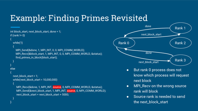 Example: Finding Primes Revisited
int block_start, next_block_start, done = 1;
if (rank != 0)
{
while(1)
{
MPI_Send(&done, 1, MPI_INT, 0, 0, MPI_COMM_WORLD);
MPI_Recv(&block_start, 1, MPI_INT, 0, 0, MPI_COMM_WORLD, &status);
find_primes_in_block(block_start);
}
}
else
{
next_block_start = 1;
while(next_block_start < 10,000,000)
{
MPI_Recv(&done, 1, MPI_INT, source, 0, MPI_COMM_WORLD, &status);
MPI_Send(&next_block_start, 1, MPI_INT, source, 0, MPI_COMM_WORLD);
next_block_start = next_block_start + 5000;
}
}
● But rank 0 process does not
know which process will request
next block
● MPI_Recv on the wrong source
rank will block
● Source rank is needed to send
the next_block_start
Rank 0 Rank 2
Rank 3
Rank 1
done
next_block_start
done
next_block_start
