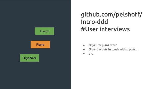 Organizer
Plans
Event
github.com/pelshoﬀ/
Intro-ddd
#User interviews
● Organizer plans event
● Organizer gets in touch with suppliers
● etc.
