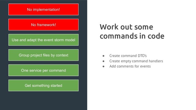 Work out some
commands in code
● Create command DTO’s
● Create empty command handlers
● Add comments for events
No implementation!
No framework!
Get something started
One service per command
Use and adapt the event storm model
Group project files by context
