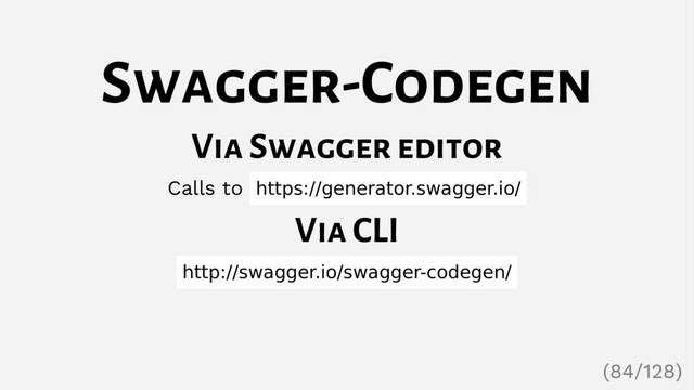 Swagger-Codegen
Via Swagger editor
Calls to https://generator.swagger.io/
Via CLI
http://swagger.io/swagger-codegen/
