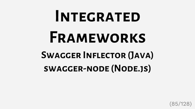 Integrated
Frameworks
Swagger Inflector (Java)
swagger-node (Node.js)
