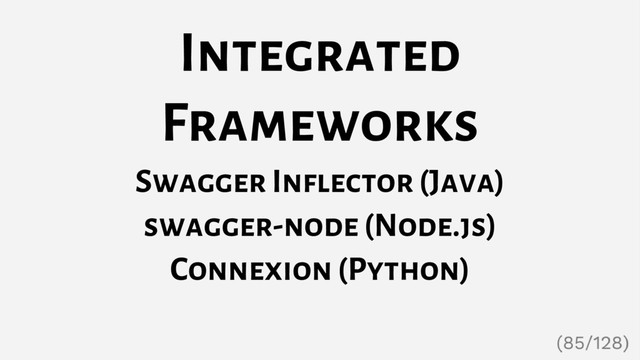 Integrated
Frameworks
Swagger Inflector (Java)
swagger-node (Node.js)
Connexion (Python)
