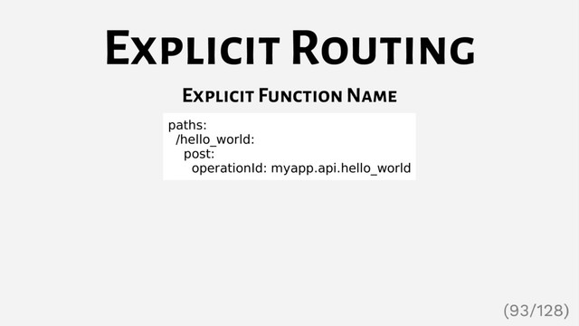 Explicit Routing
Explicit Function Name
paths:
/hello_world:
post:
operationId: myapp.api.hello_world
