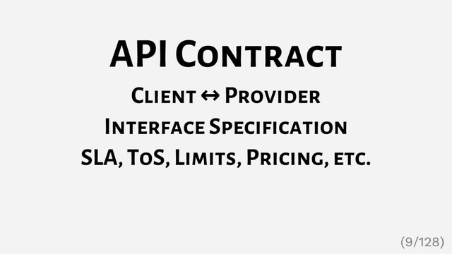 API Contract
Client ↔ Provider
Interface Specification
SLA, ToS, Limits, Pricing, etc.
