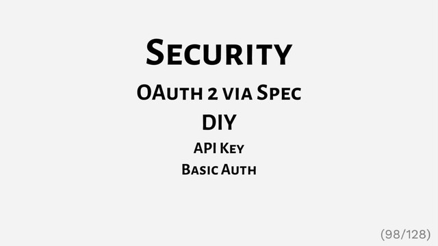 Security
OAuth 2 via Spec
DIY
API Key
Basic Auth
