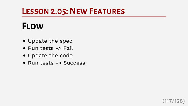 Lesson 2.05: New Features
Flow
Update the spec
Run tests -> Fail
Update the code
Run tests -> Success
