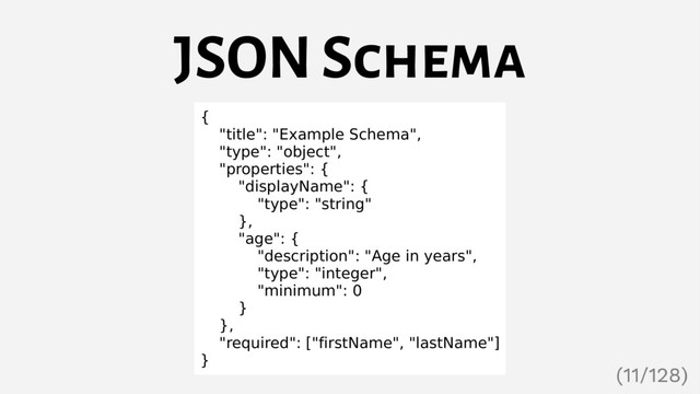 JSON Schema
{
"title": "Example Schema",
"type": "object",
"properties": {
"displayName": {
"type": "string"
},
"age": {
"description": "Age in years",
"type": "integer",
"minimum": 0
}
},
"required": ["firstName", "lastName"]
}
