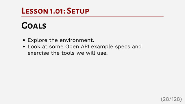 Lesson 1.01: Setup
Goals
Explore the environment.
Look at some Open API example specs and
exercise the tools we will use.
