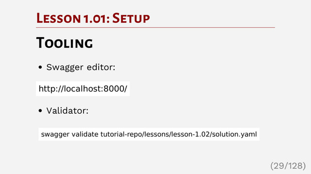 Lesson 1.01: Setup
Tooling
Swagger editor:
http://localhost:8000/
Validator:
swagger validate tutorial-repo/lessons/lesson-1.02/solution.yaml
