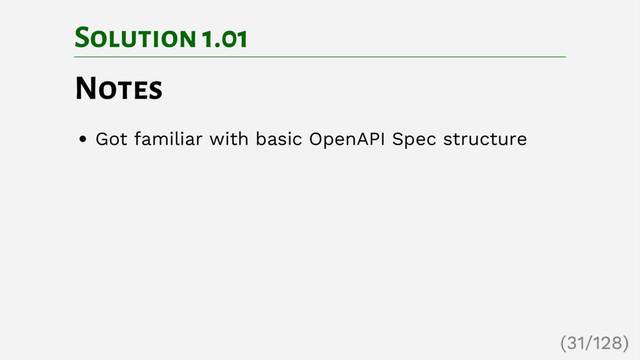 Solution 1.01
Notes
Got familiar with basic OpenAPI Spec structure
