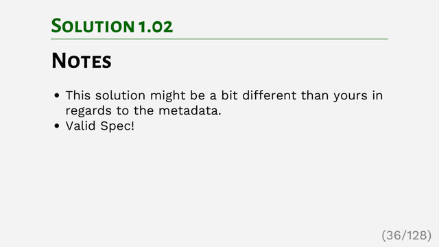Solution 1.02
Notes
This solution might be a bit different than yours in
regards to the metadata.
Valid Spec!
