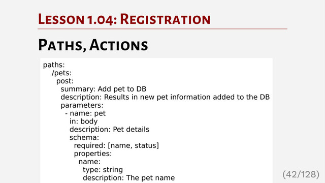 Lesson 1.04: Registration
Paths, Actions
paths:
/pets:
post:
summary: Add pet to DB
description: Results in new pet information added to the DB
parameters:
- name: pet
in: body
description: Pet details
schema:
required: [name, status]
properties:
name:
type: string
description: The pet name
