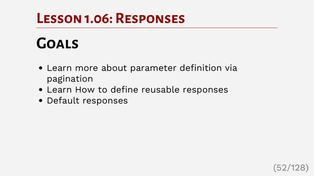 Lesson 1.06: Responses
Goals
Learn more about parameter definition via
pagination
Learn How to define reusable responses
Default responses
