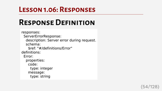 Lesson 1.06: Responses
Response Definition
responses:
ServerErrorResponse:
description: Server error during request.
schema:
$ref: "#/definitions/Error"
definitions:
Error:
properties:
code:
type: integer
message:
type: string
