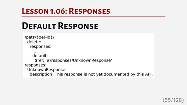 Lesson 1.06: Responses
Default Response
/pets/{pet-id}/
delete:
responses:
...
default:
$ref: '#/responses/UnknownResponse'
responses:
UnknownResponse:
description: This response is not yet documented by this API.
