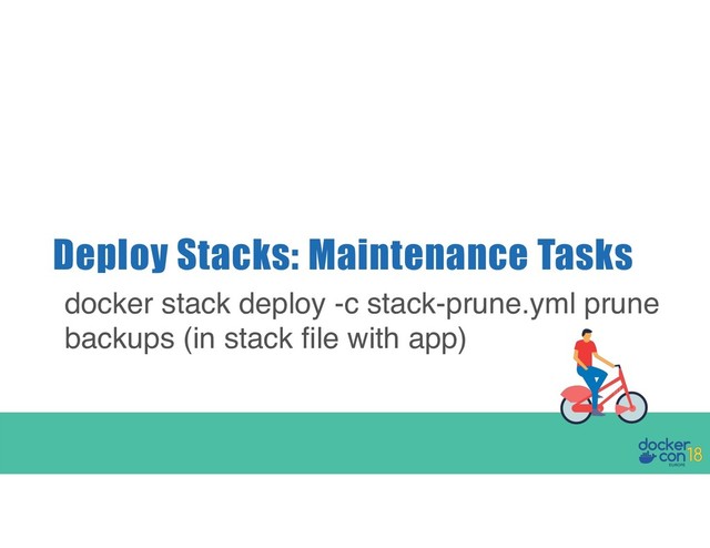 Deploy Stacks: Maintenance Tasks
docker stack deploy -c stack-prune.yml prune
backups (in stack file with app)
