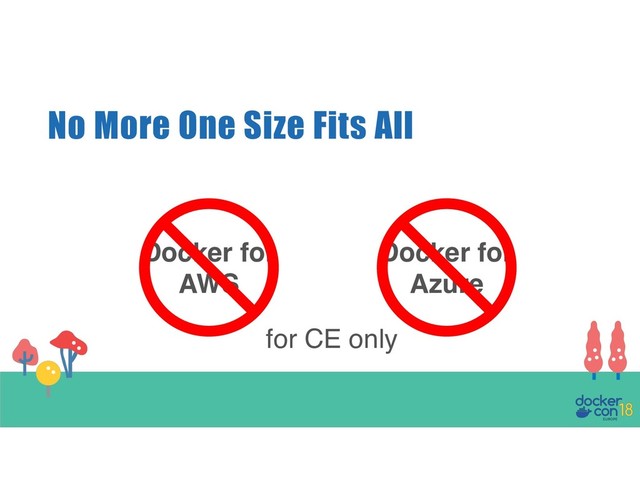 No More One Size Fits All
Docker for
AWS
Docker for
Azure
for CE only
