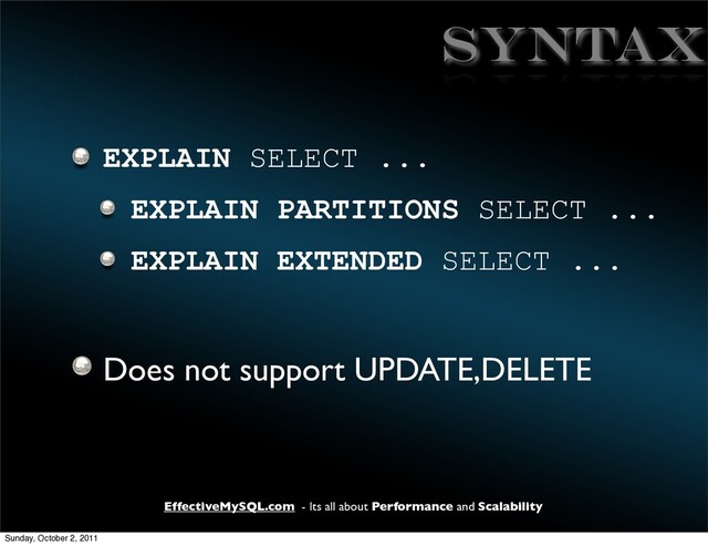 EffectiveMySQL.com - Its all about Performance and Scalability
SYNTAX
EXPLAIN SELECT ...
EXPLAIN PARTITIONS SELECT ...
EXPLAIN EXTENDED SELECT ...
Does not support UPDATE,DELETE
Sunday, October 2, 2011
