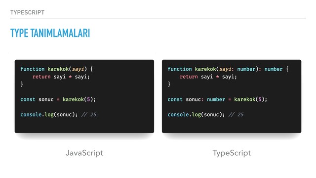 TYPESCRIPT
TYPE TANIMLAMALARI
JavaScript TypeScript
