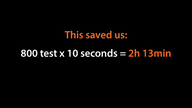 800 test x 10 seconds = 2h 13min
This saved us:
