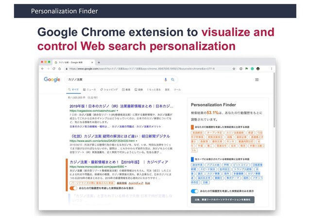 Personalization Finder
Google Chrome extension to visualize and
control Web search personalization
