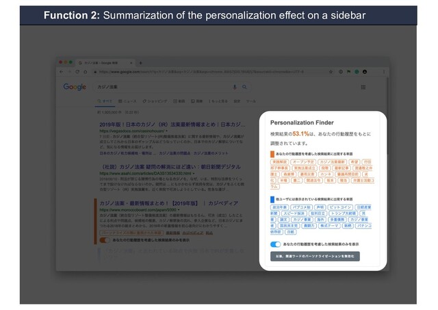 Function 2: Summarization of the personalization effect on a sidebar
