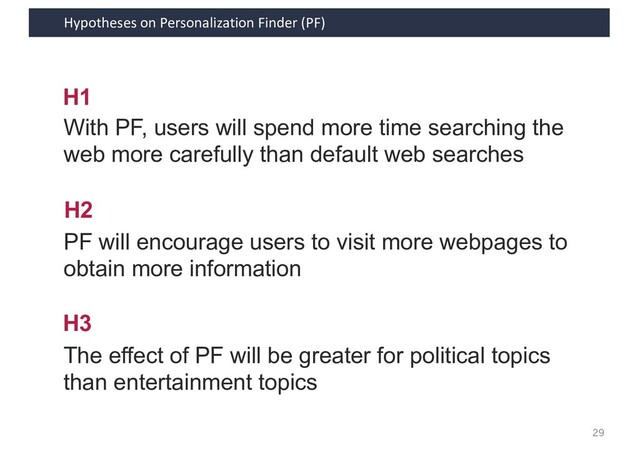 Hypotheses on Personalization Finder (PF)
29
H1
H2
H3
With PF, users will spend more time searching the
web more carefully than default web searches
PF will encourage users to visit more webpages to
obtain more information
The effect of PF will be greater for political topics
than entertainment topics
