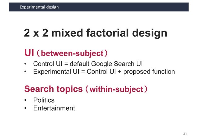 Experimental design
31
2 x 2 mixed factorial design
UI （between-subject）
Search topics （within-subject）
• Control UI = default Google Search UI
• Experimental UI = Control UI + proposed function
• Politics
• Entertainment
