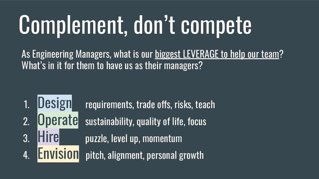 Complement, don’t compete
As Engineering Managers, what is our biggest LEVERAGE to help our team?
What’s in it for them to have us as their managers?
1. Design requirements, trade offs, risks, teach
2. Operate sustainability, quality of life, focus
3. Hire puzzle, level up, momentum
4. Envision pitch, alignment, personal growth
