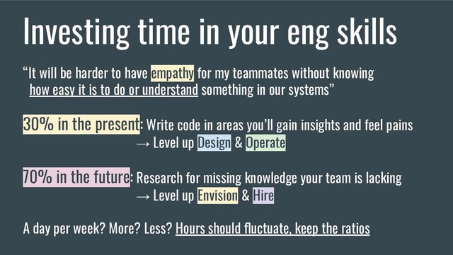 Investing time in your eng skills
“It will be harder to have empathy for my teammates without knowing
how easy it is to do or understand something in our systems”
30% in the present: Write code in areas you’ll gain insights and feel pains
→ Level up Design & Operate
70% in the future: Research for missing knowledge your team is lacking
→ Level up Envision & Hire
A day per week? More? Less? Hours should ﬂuctuate, keep the ratios
