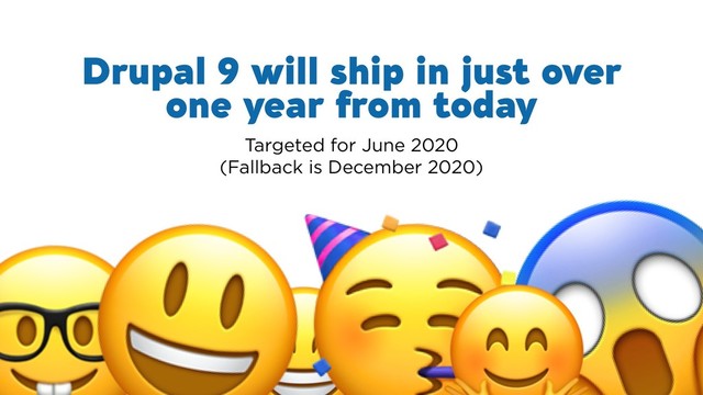 Drupal 9 and beyond
Drupal 9 will ship in just over
one year from today
Targeted for June 2020  
(Fallback is December 2020)
%
